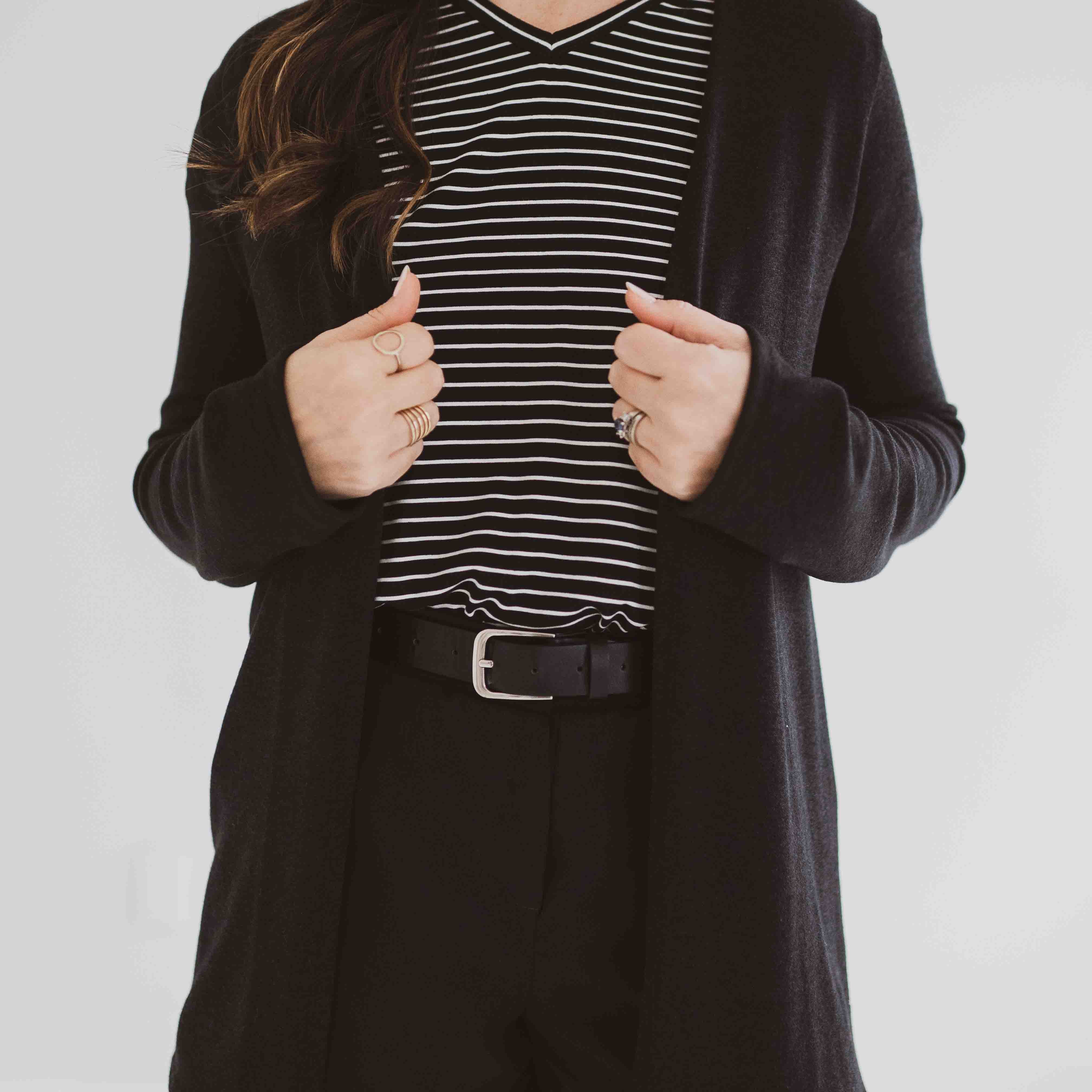 Close up of made in Canada black cardigan for women