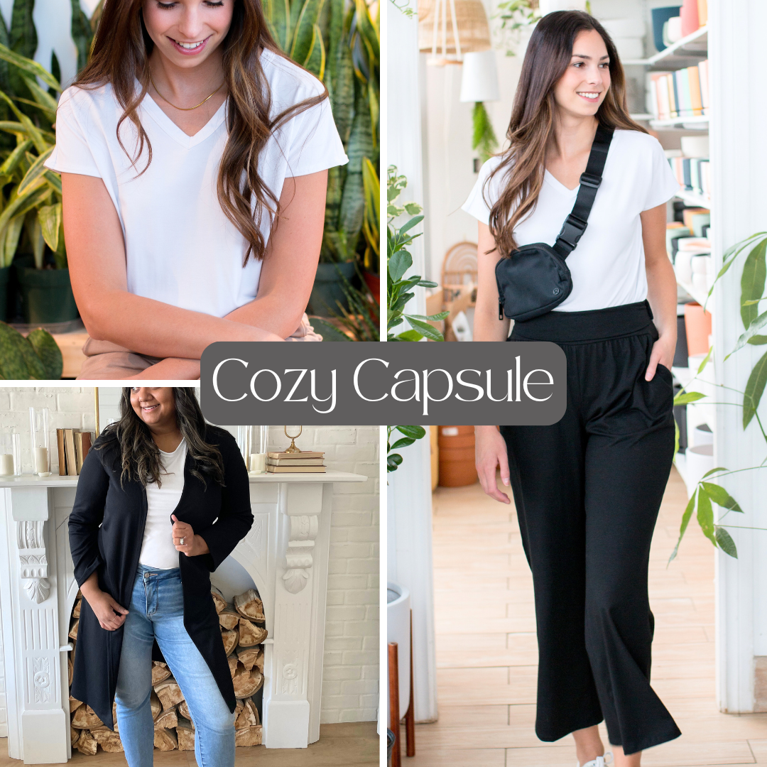 infographic of cozy capsule made in canada with white bamboo t-shirt, black wide leg bamboo pants and a black long duster cardigan