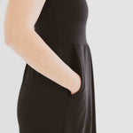 side view of black square neck tank dress with pockets clothing made in canada