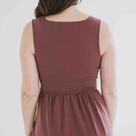back view of brown square neck tank dress with pockets clothing made in canada