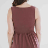 back view of brown square neck tank dress with pockets clothing made in canada
