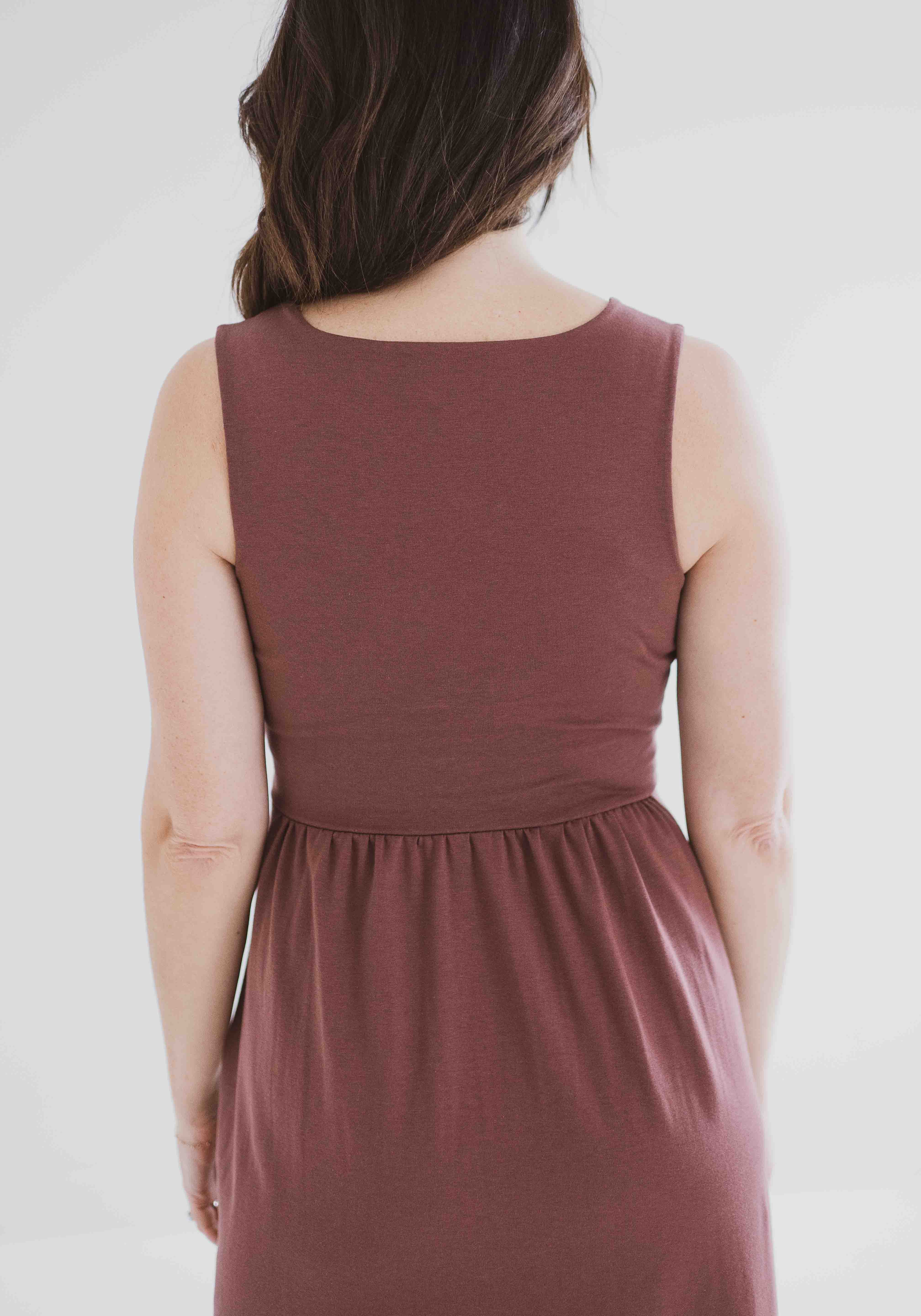 back view of brown square neck tank dress with pockets clothing made in canada