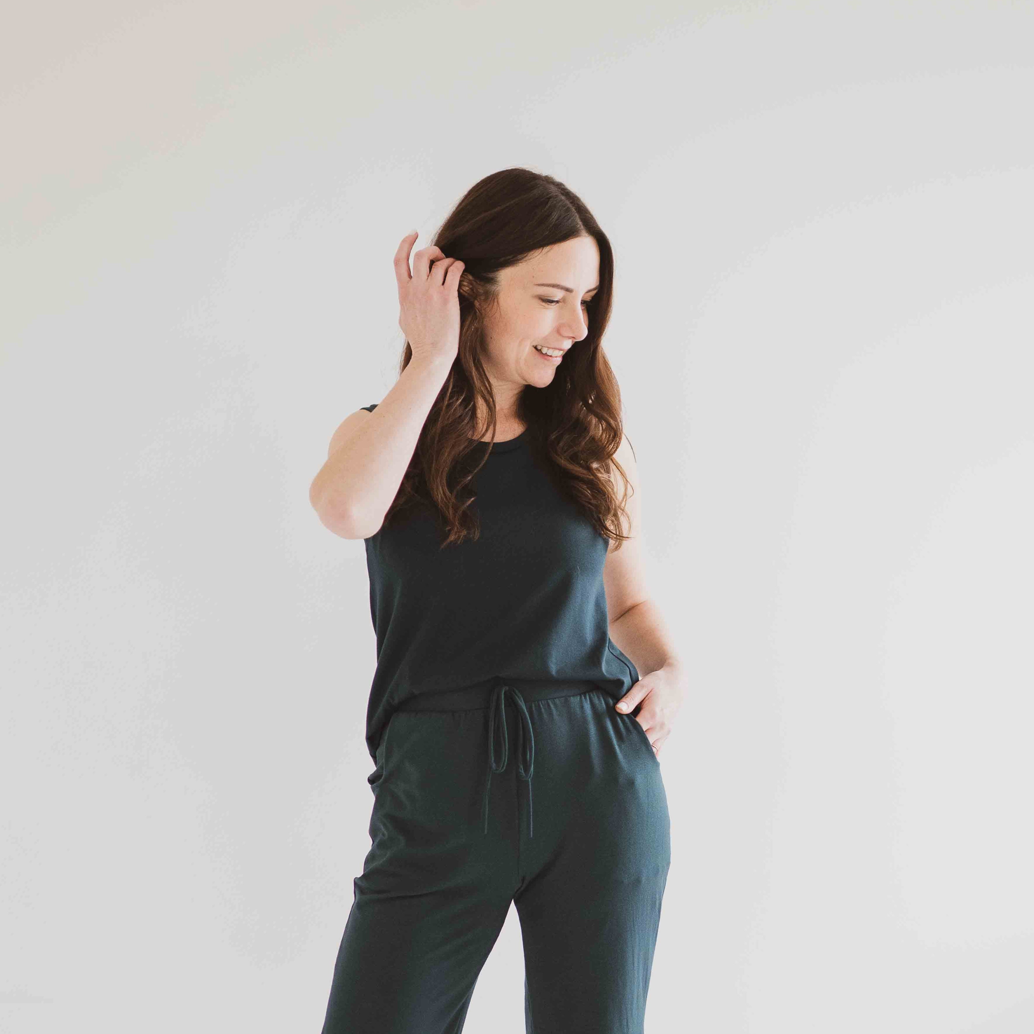 dark green tank top and matching flowy pants apparel made in canada