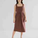 front view of brown square neck tank dress with pockets clothing made in canada