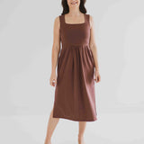front view of brown square neck tank dress with pockets clothing made in canada