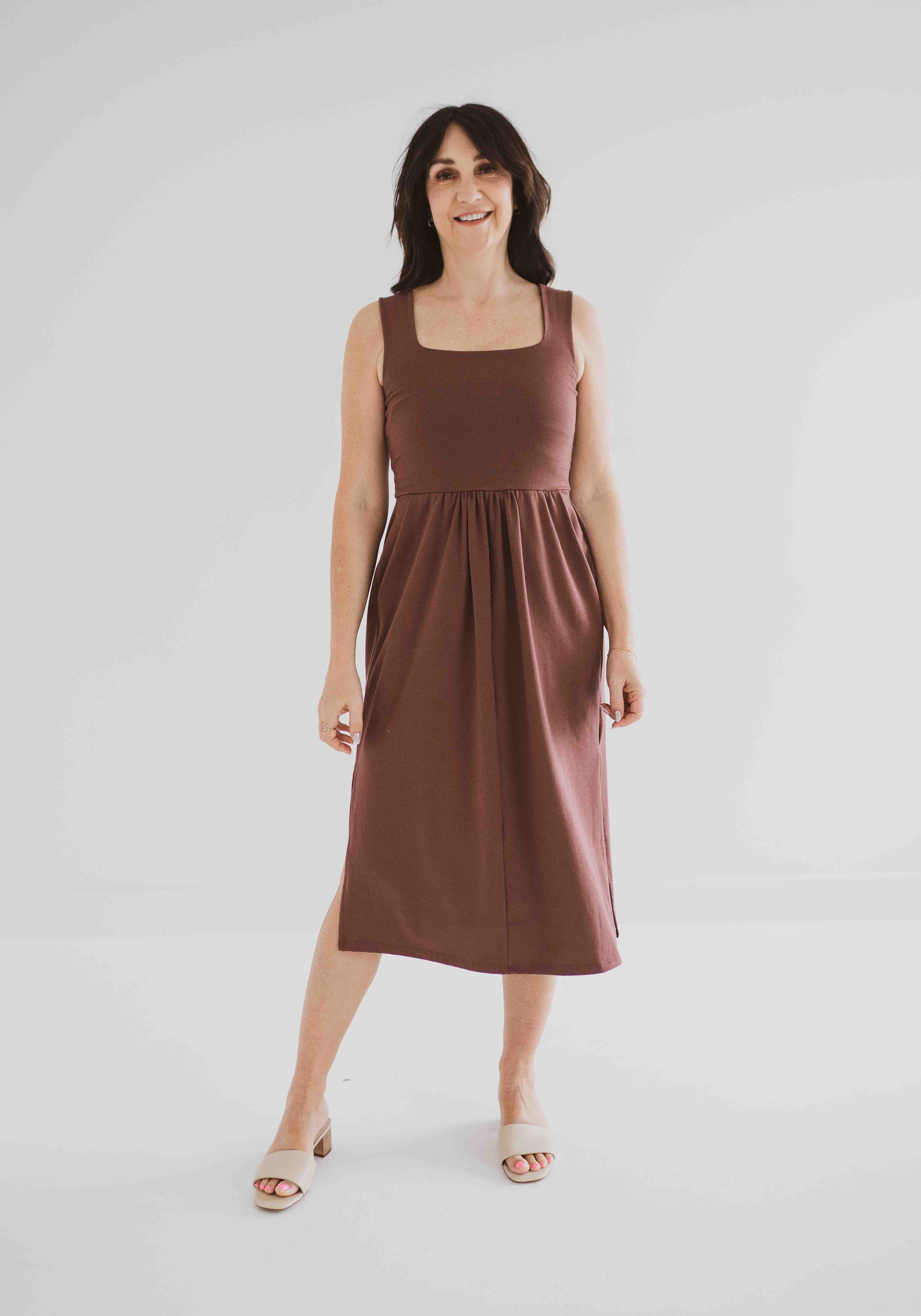 front view of brown square neck tank dress with pockets clothing made in canada