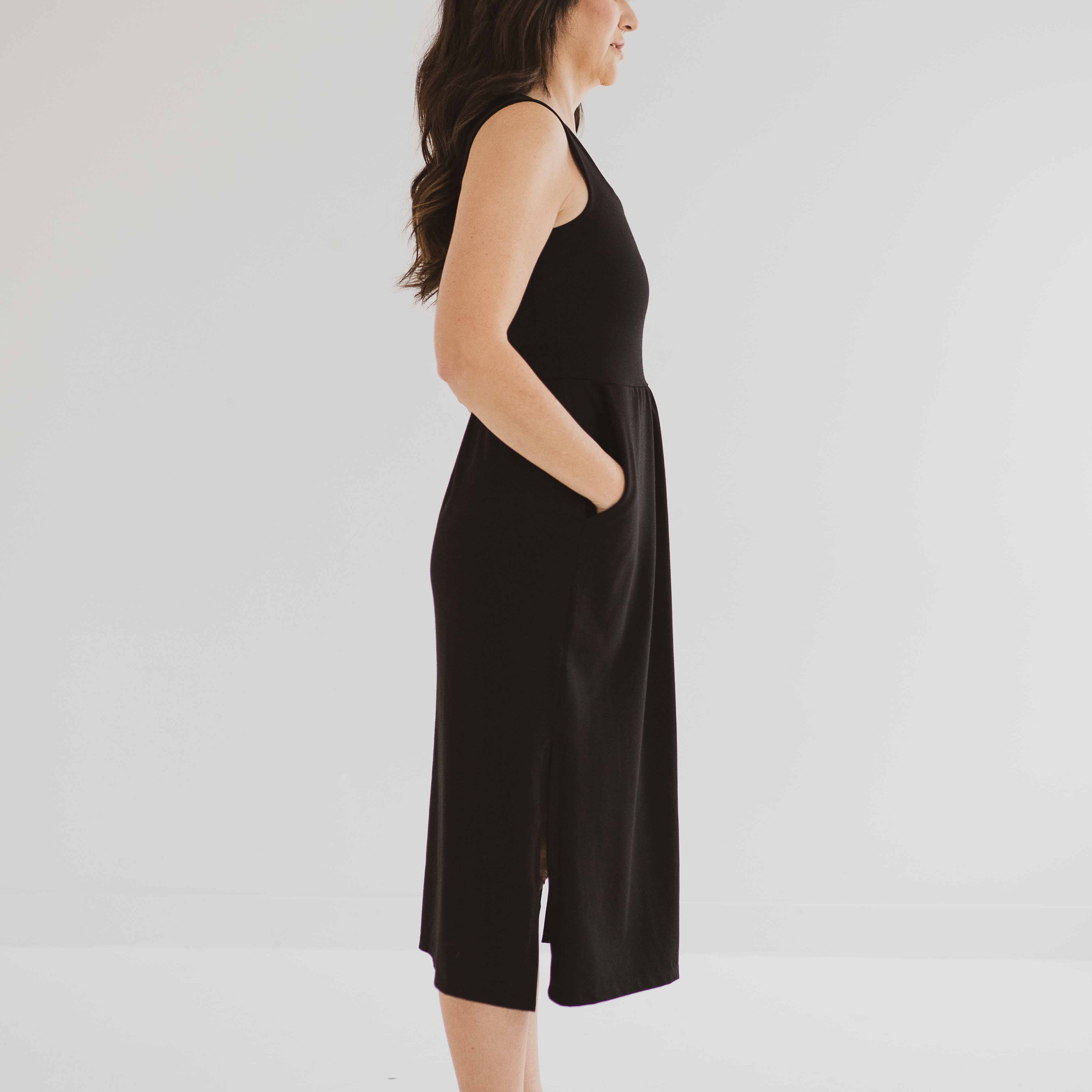 side view of black square neck tank dress with pockets clothing made in canada