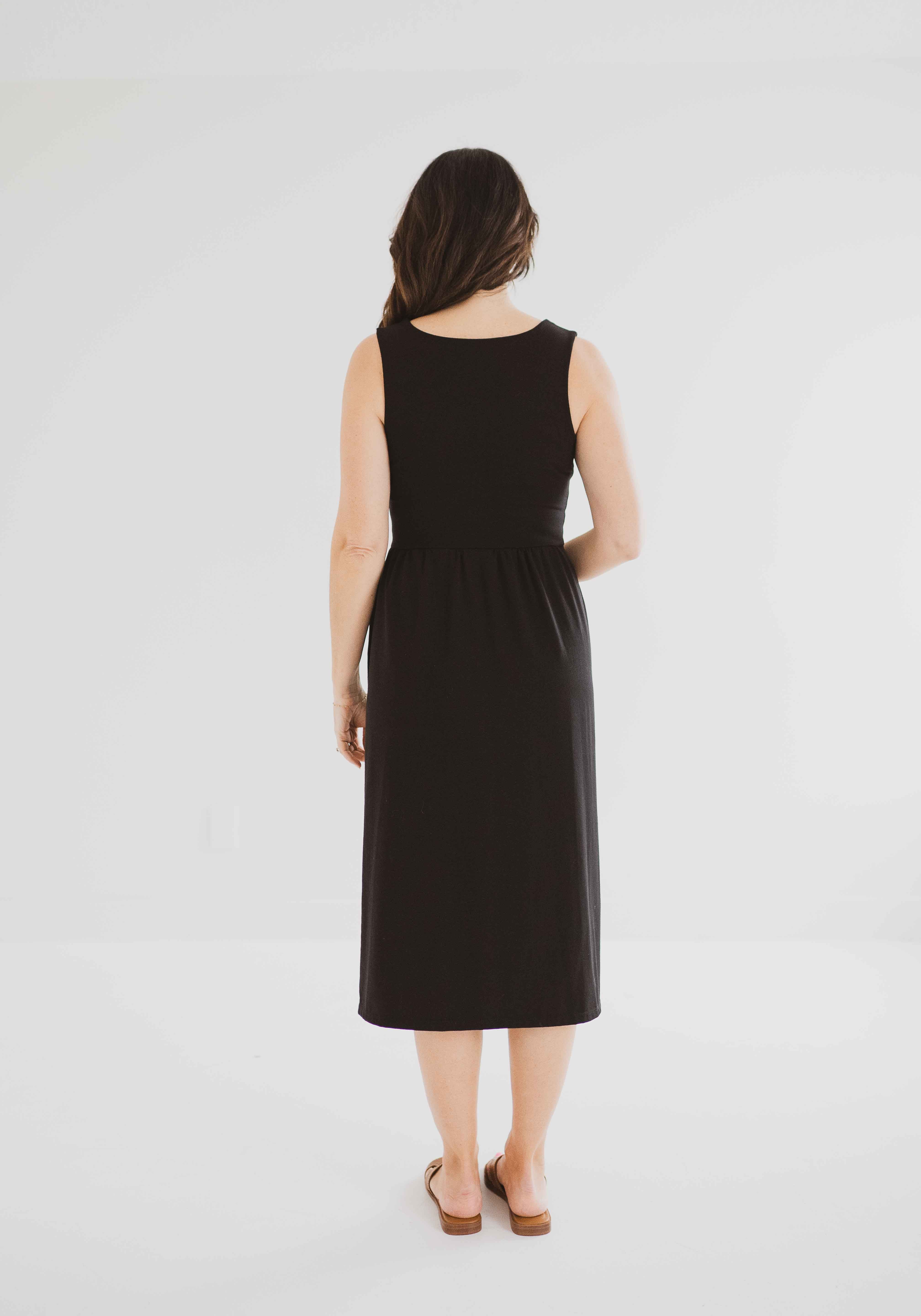 back view of black square neck tank dress with pockets clothing made in canada