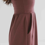 side view and close up of pocket square neck tank dress with pockets clothing made in canada