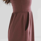 side view and close up of pocket square neck tank dress with pockets clothing made in canada