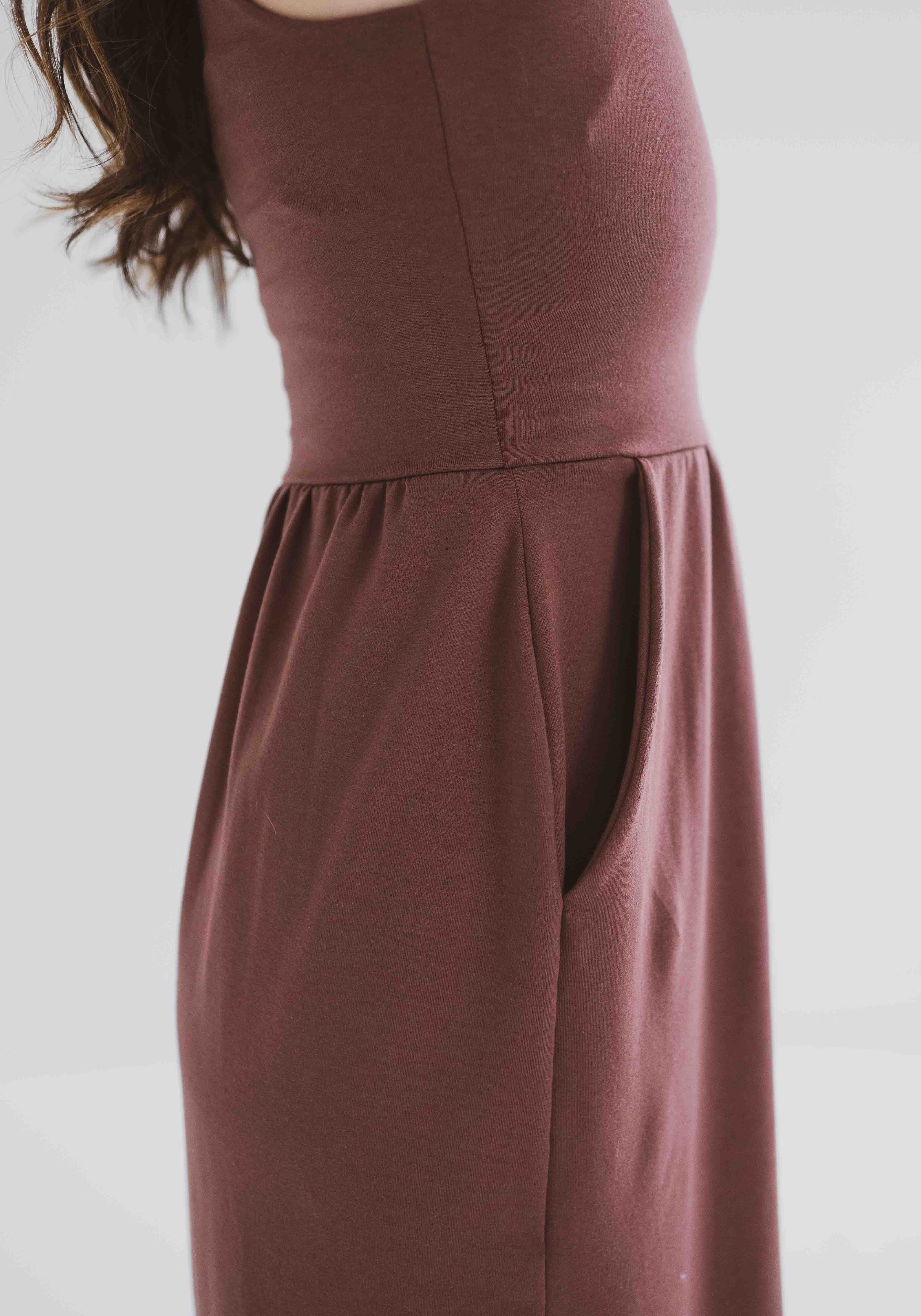 side view and close up of pocket square neck tank dress with pockets clothing made in canada