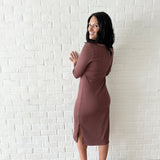 Back view brown long sleeved square neck dress