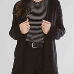 Close up of made in Canada black cardigan for women