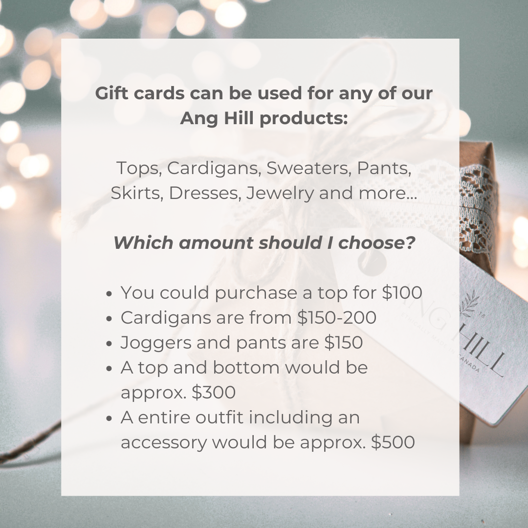Info about what you can purchase with each Ang Hill gift card denomination