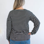 Black and white striped sweatshirt made in Canada back view
