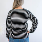 Black and white striped sweatshirt made in Canada back view