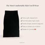 Black midi skirt with features listed on a beige background
