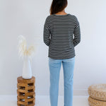 Back view of Black and white striped sweatshirt made in Canada 