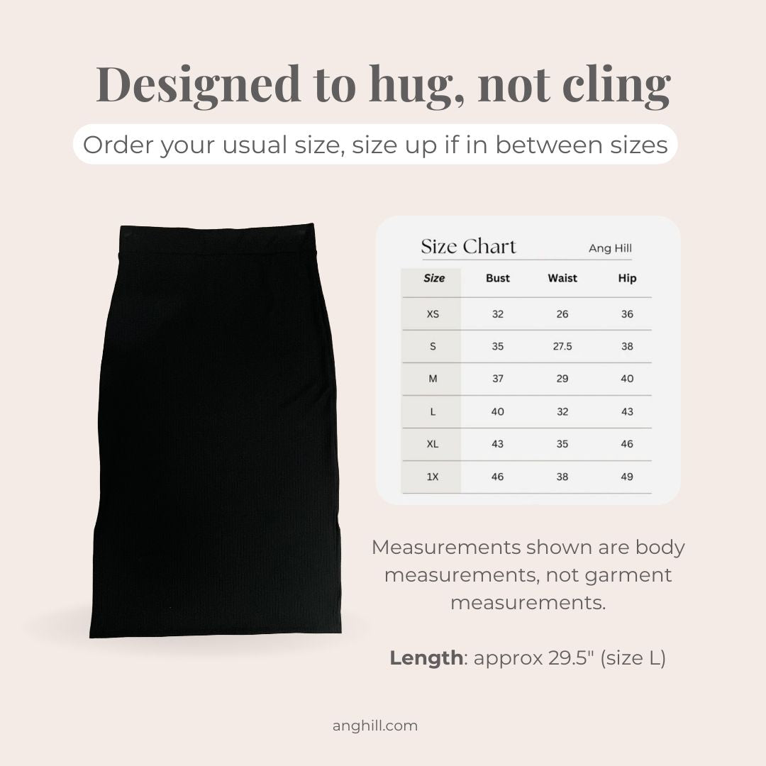Black skirt with size chart and measurement information on a beige background