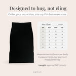 Black skirt with size chart and measurement information on a beige background