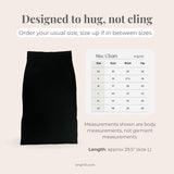 Black skirt with size chart and measurement information on a beige background