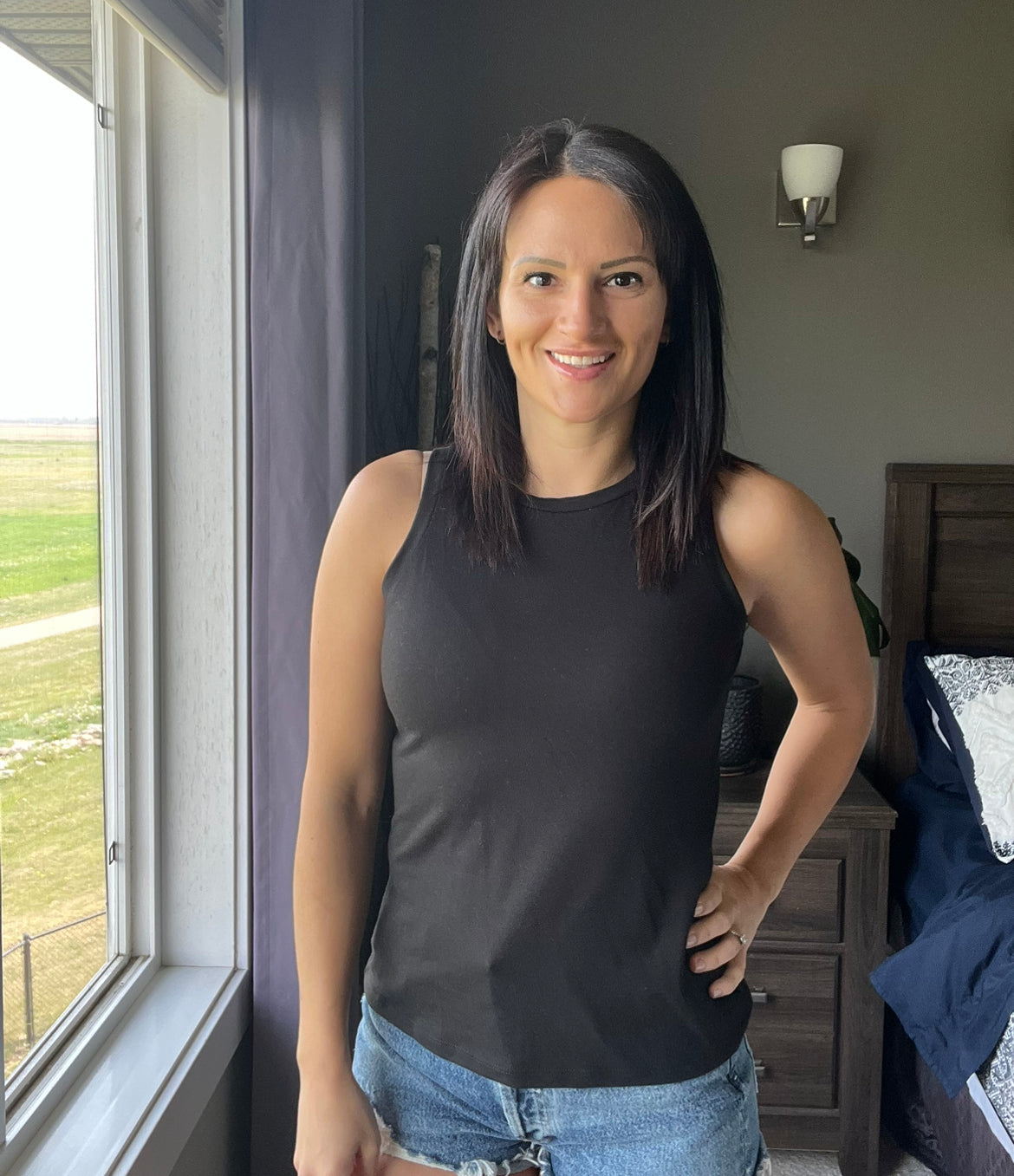 black high neckline tank top untucked