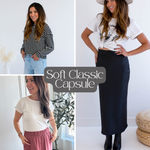 Collage of a woman in different outfits with 'Soft Classic Capsule' text overlay. Ang Hill made in canada