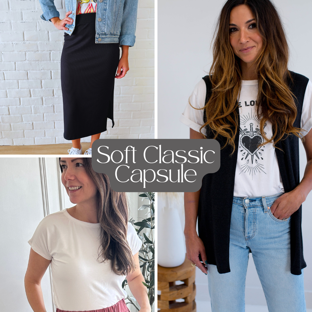 Three images of a woman in different outfits with text 'Soft Classic Capsule'.