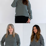 Three women wearing a striped sweater in different sizes on a white background
