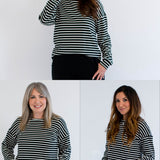 Three women wearing a striped sweater in different sizes on a white background