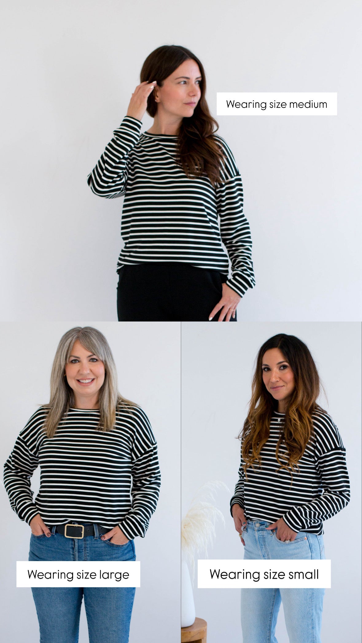 Three women wearing a striped sweater in different sizes on a white background