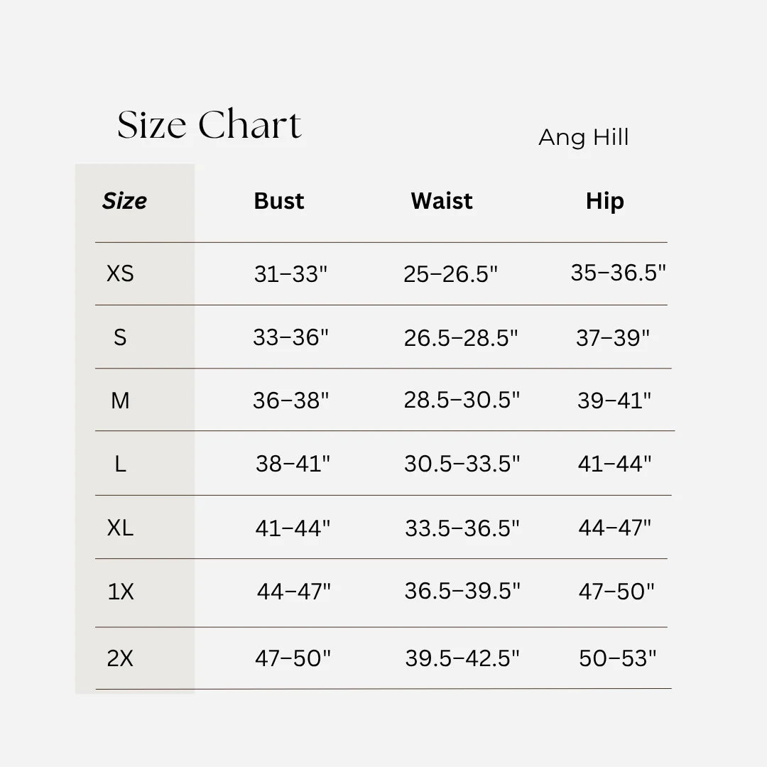Ang Hill size chart table showing measurements for sizes XS through 2X, with columns for Size, Bust, Waist, and Hip on a light gray background.