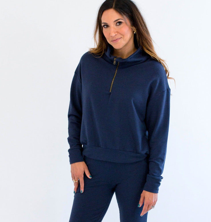 Model wearing Ang Hill Canadian-made bamboo loungewear set in navy — ethically made in Alberta, Canada.