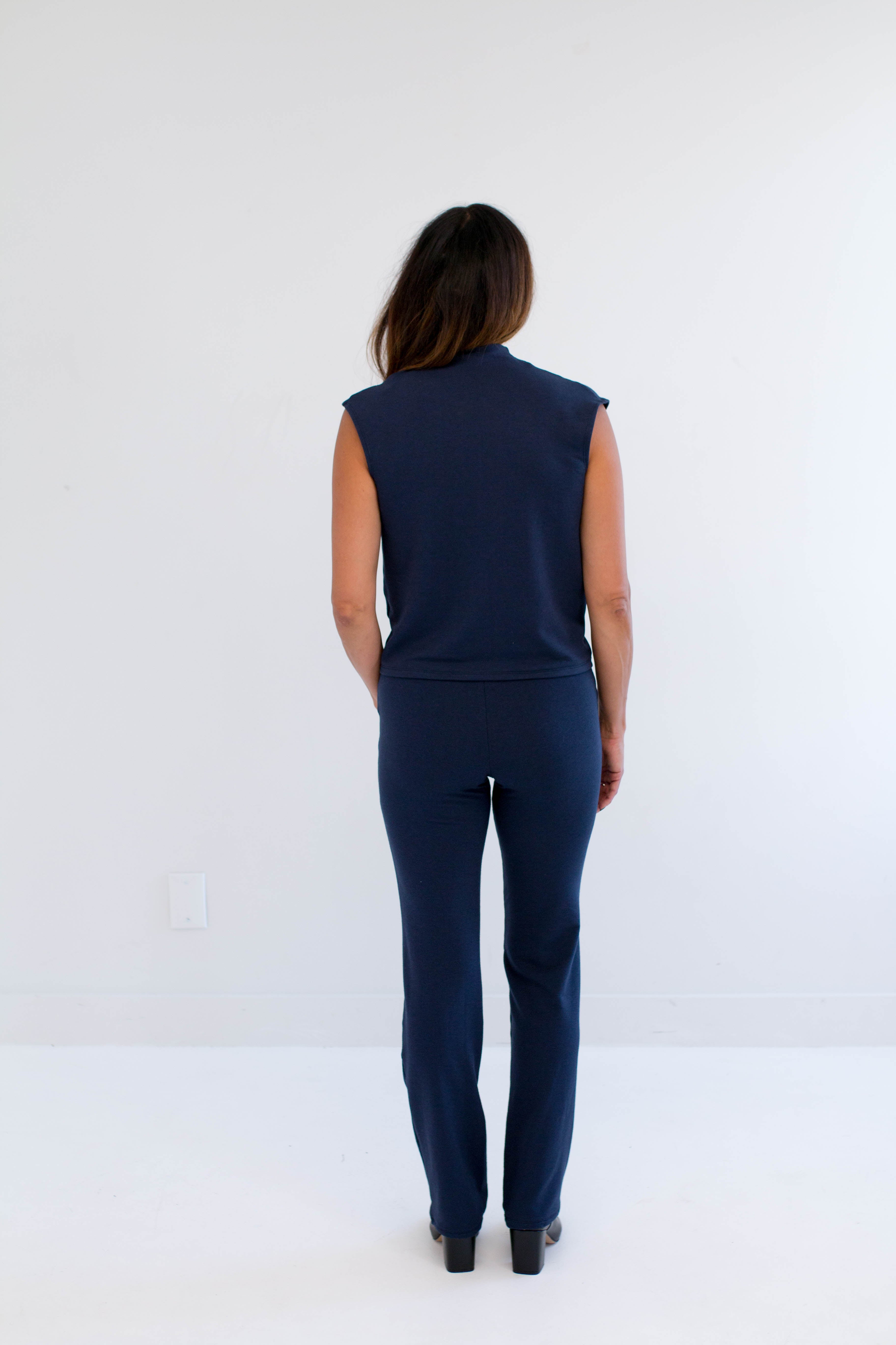 Back view of navy loungwear set made in canada by Ang Hill.