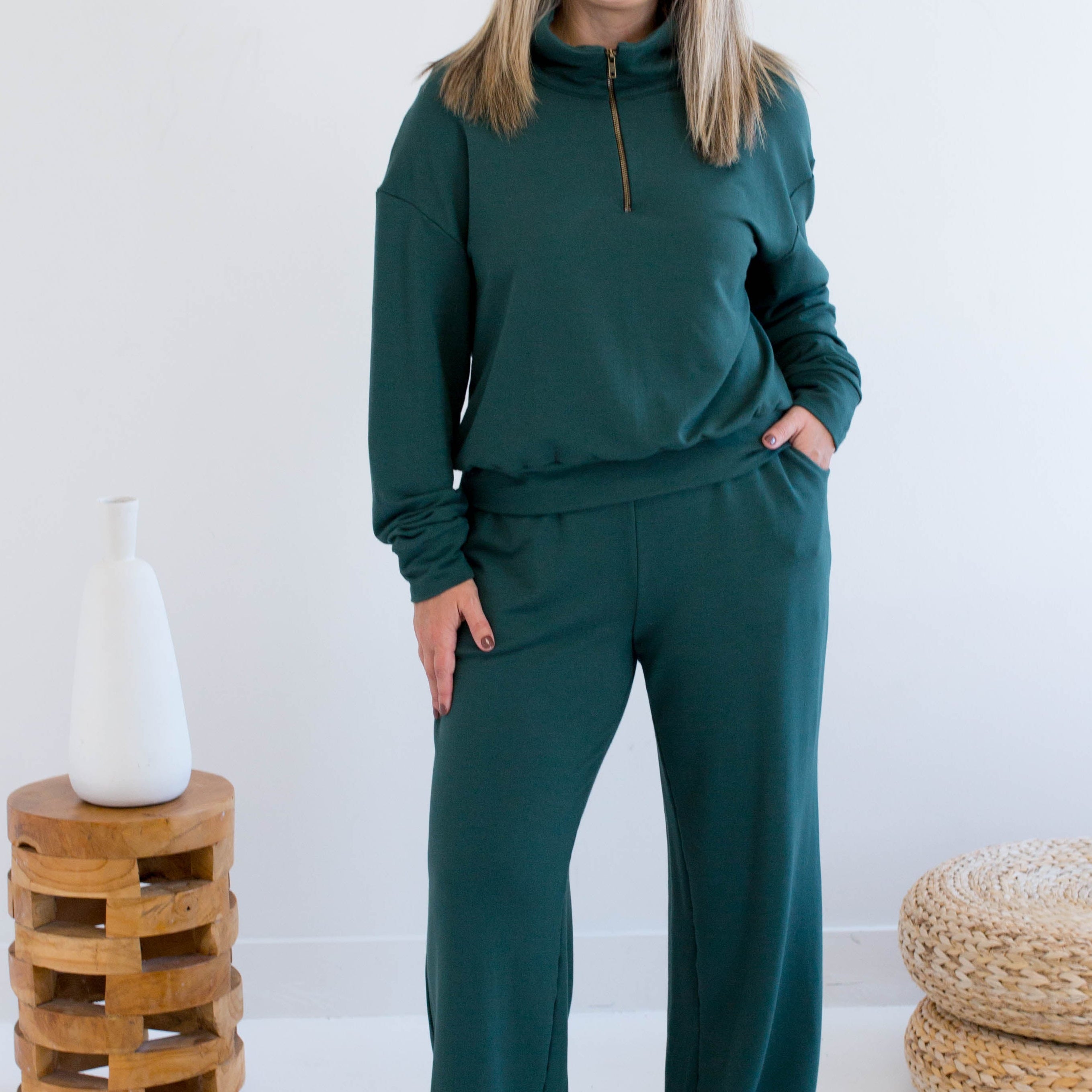 Ang Hill woman wearing green bamboo loungewear set. Made in Canada