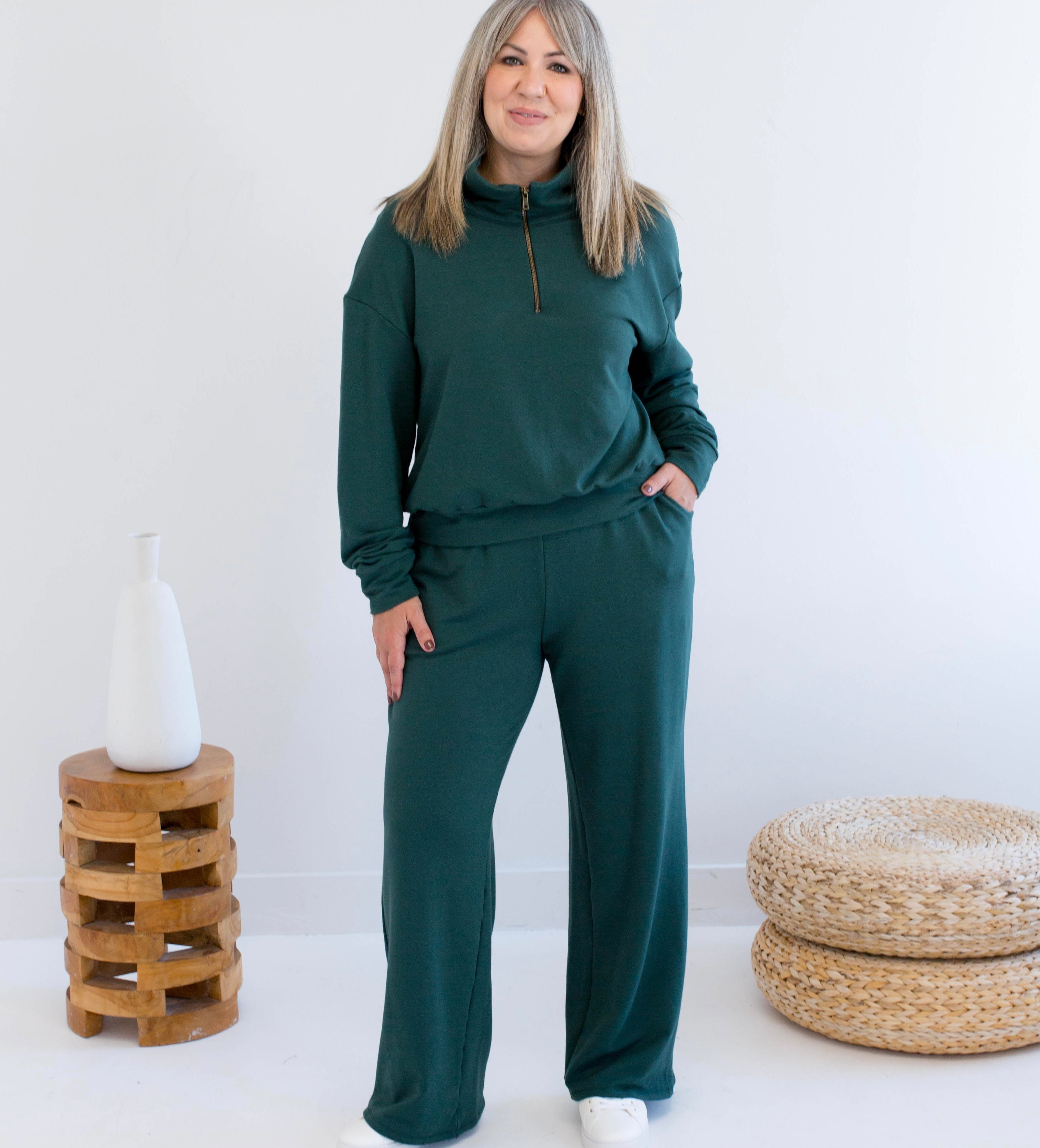 Model wearing Ang Hill Canadian-made bamboo loungewear set in navy — ethically made in Alberta, Canada.