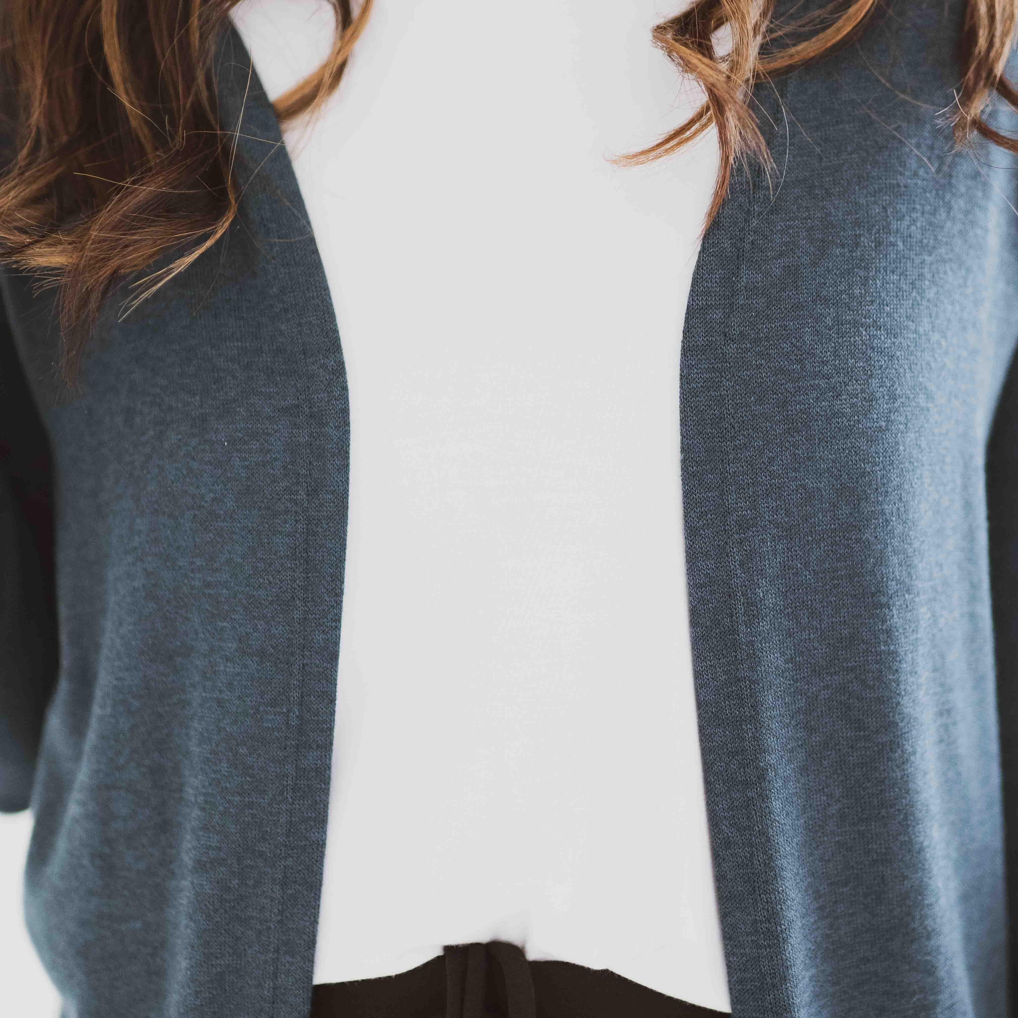 Close up of teal cardigan made in canada