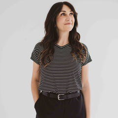 bennie bamboo v-neck in black and white stripes made in canada