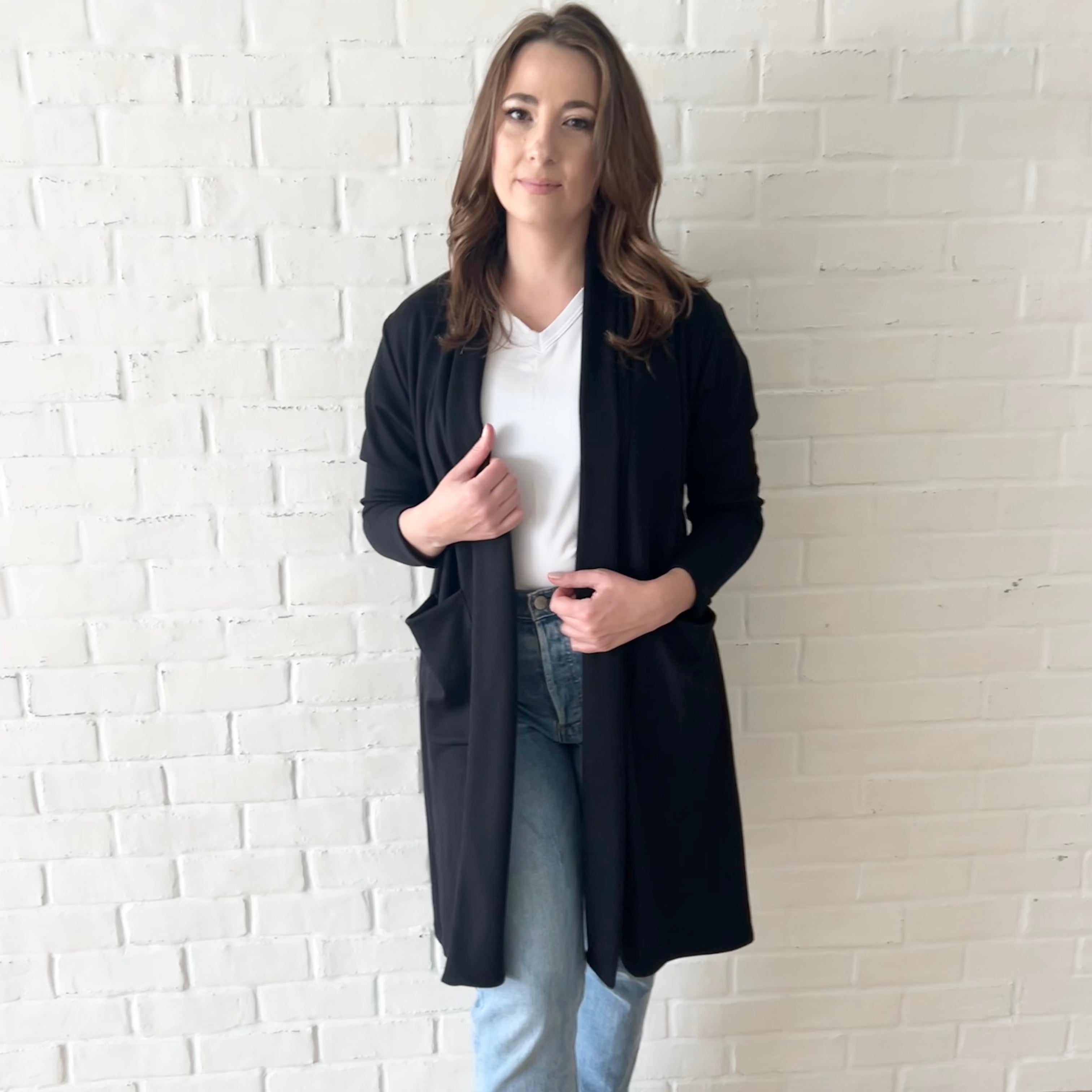 black long cozy cardigan with pockets