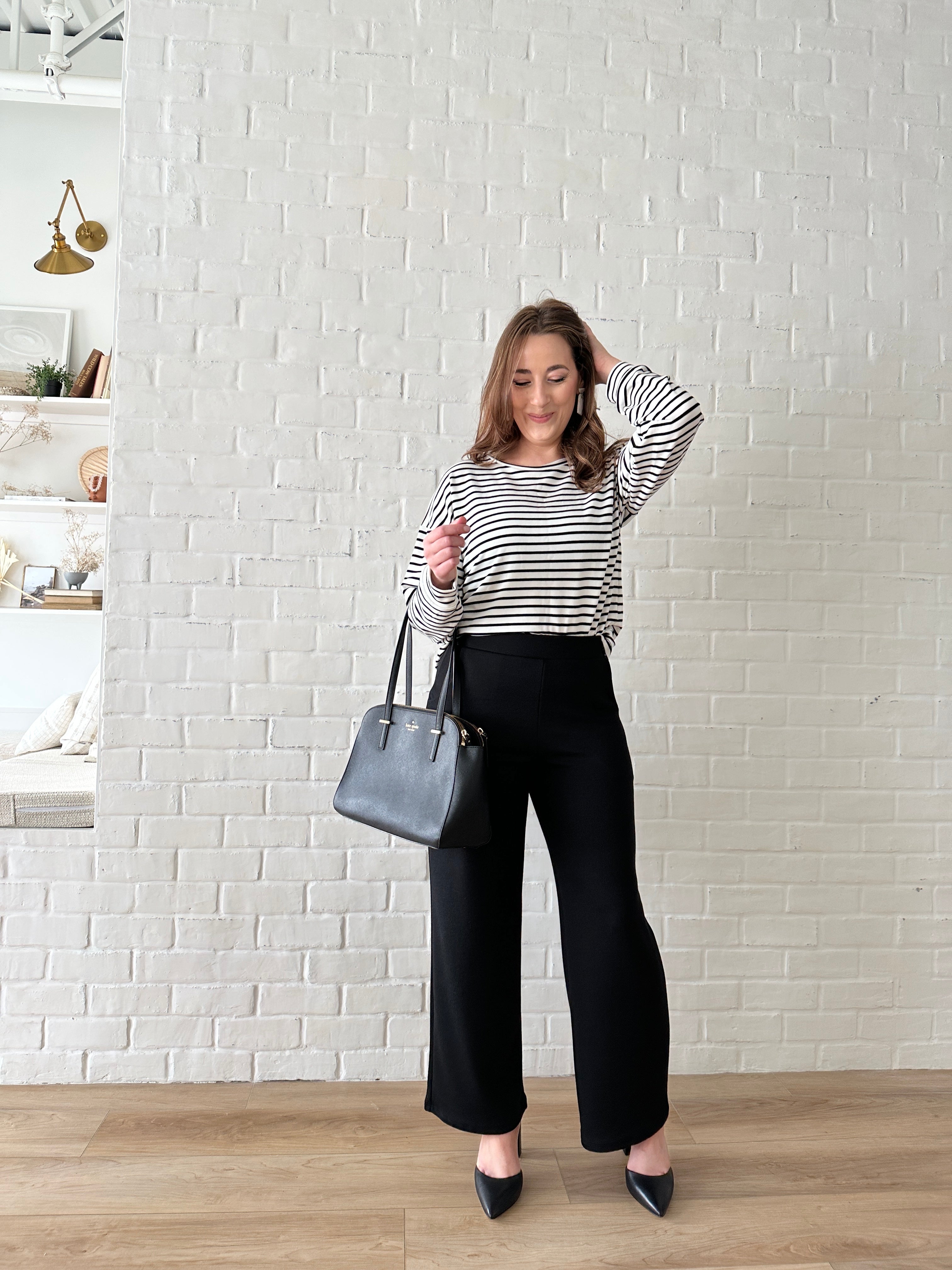 black and white striped top and wide leg pants