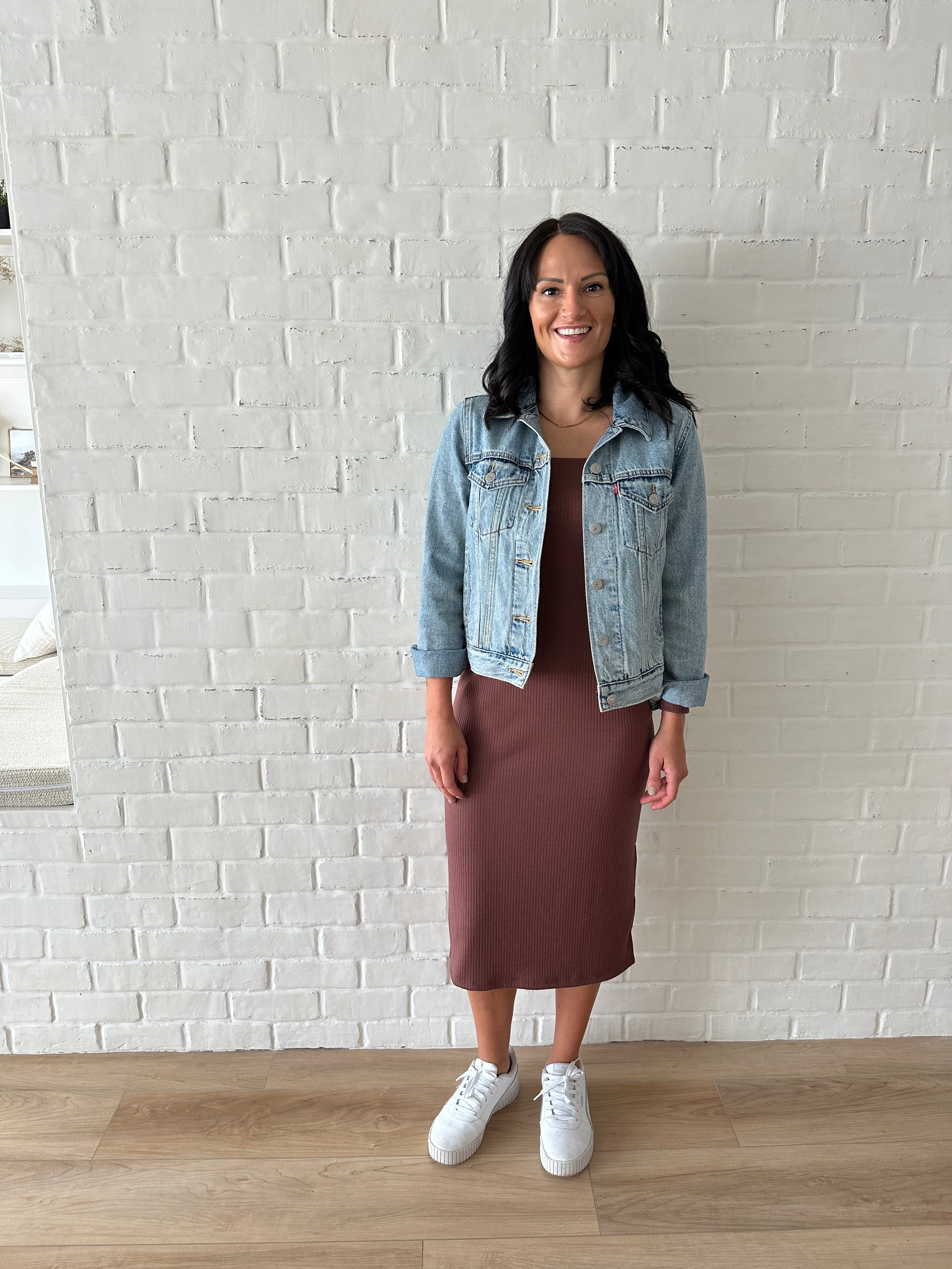 Brown long sleeve dress with jean jacket