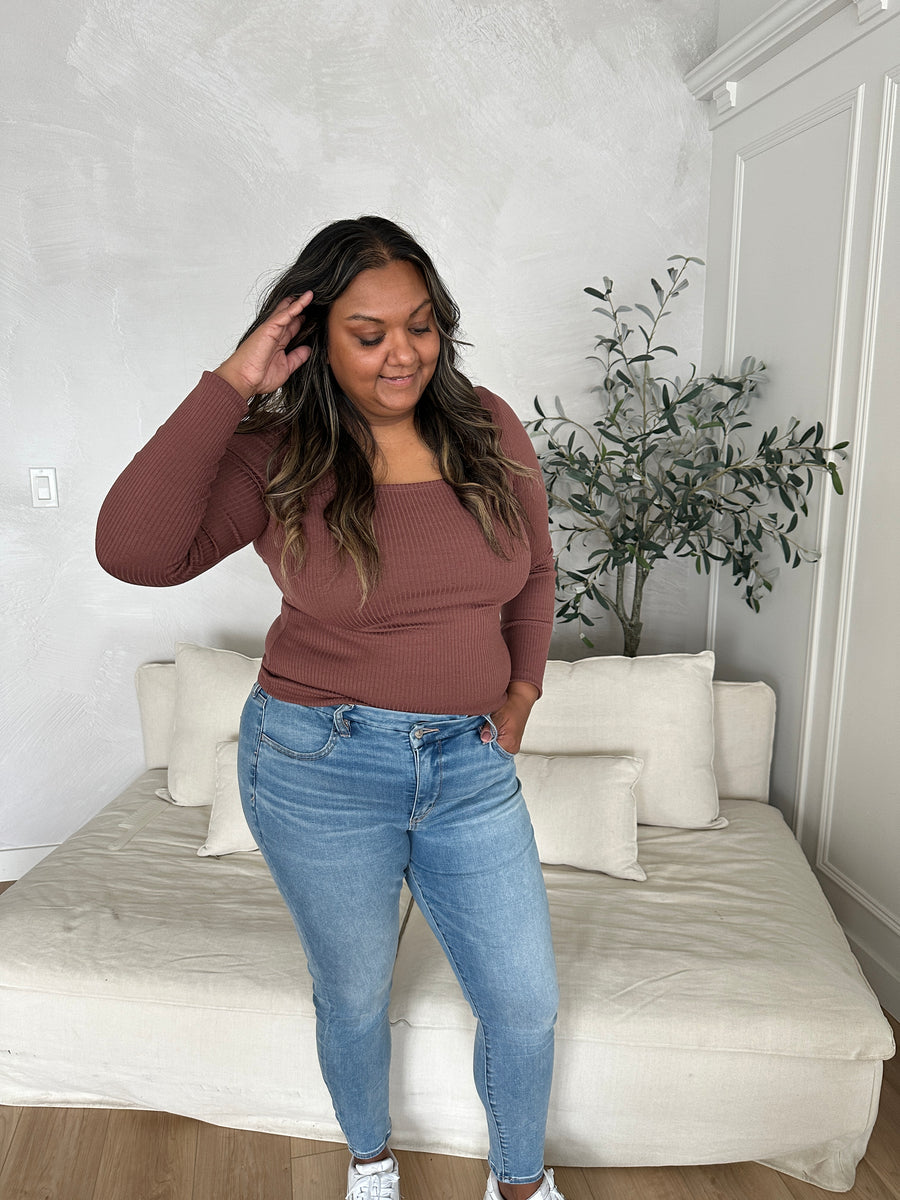 Tracey square neck long sleeve top in cinnamon