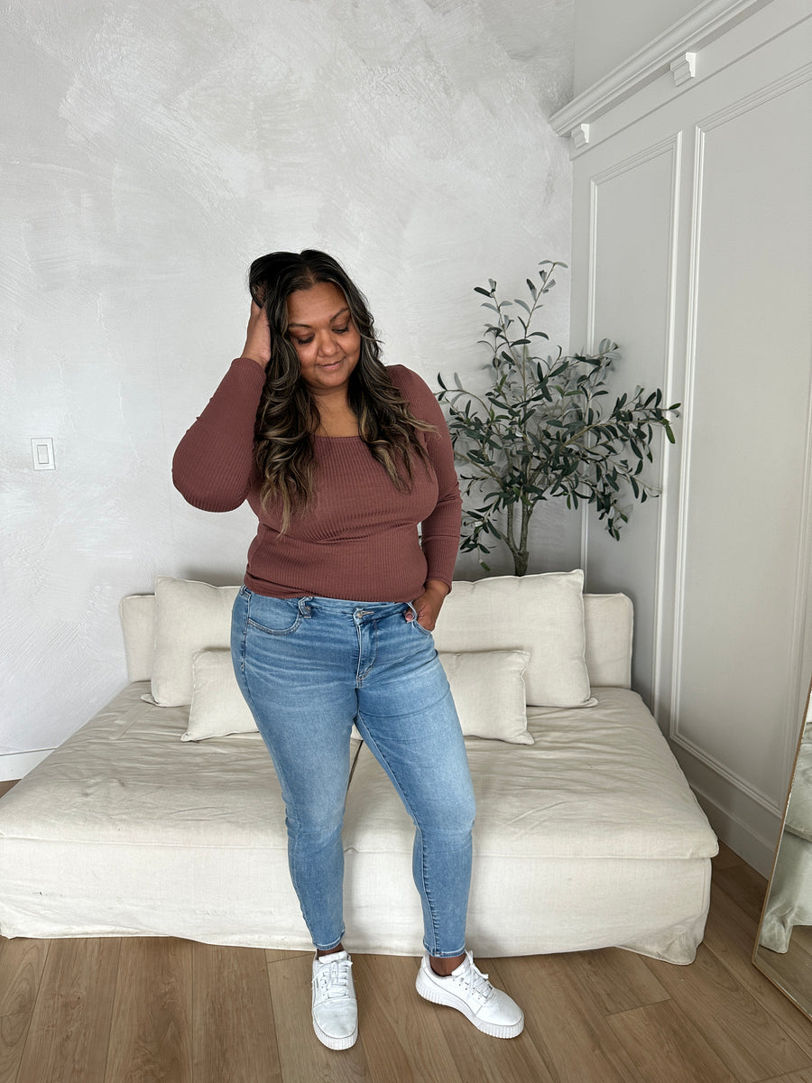 Tracey square neck long sleeve top in cinnamon