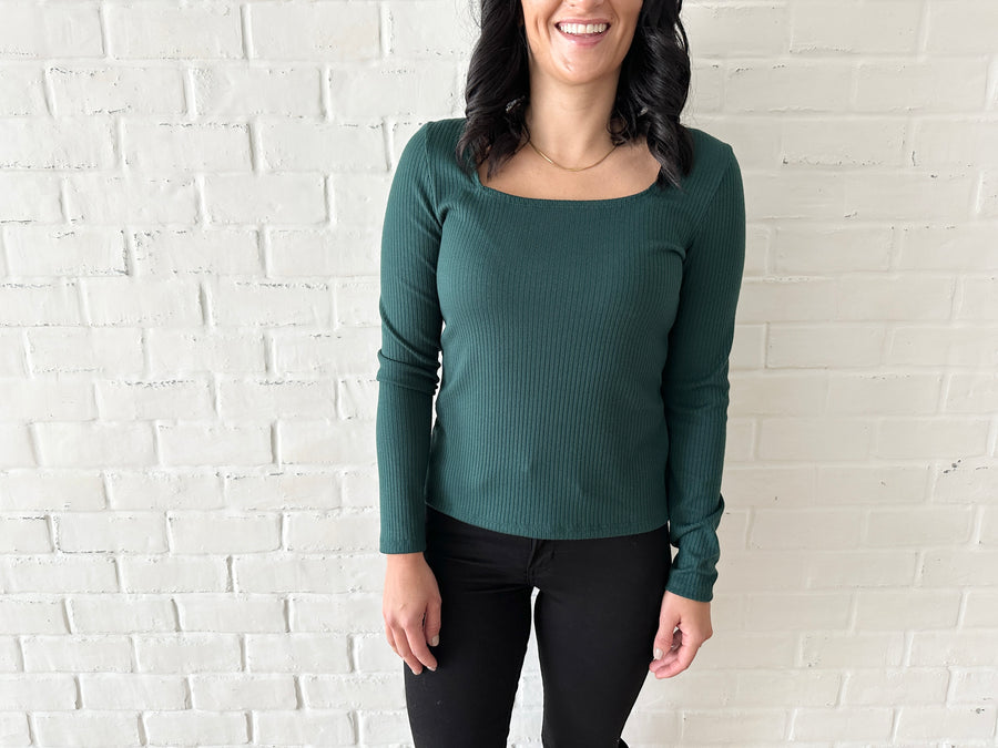 Tracey square neck long sleeve top in juniper