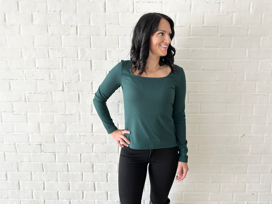 Tracey square neck long sleeve top in juniper