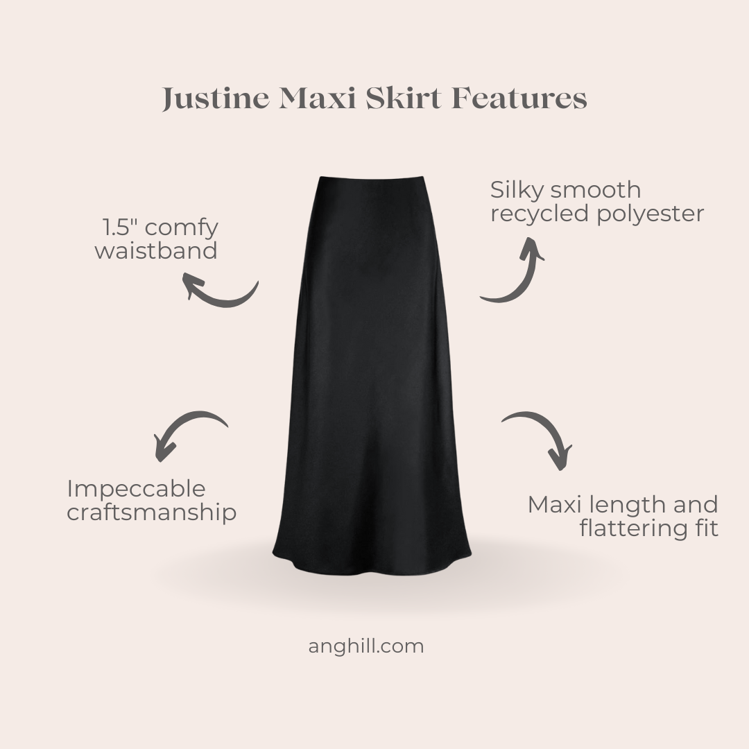 Black maxi skirt with features listed on a beige background Ang Hill