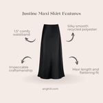 Black maxi skirt with features listed on a beige background Ang Hill