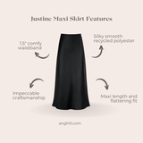 Black maxi skirt with features listed on a beige background Ang Hill
