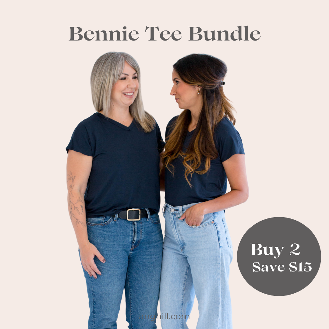 Two women wearing navy Bennie T-shirts and light blue jeans with promotional text on a beige background.