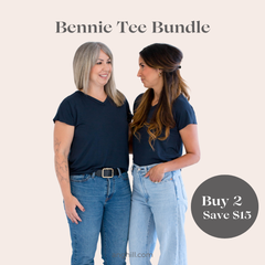 Two women wearing navy Bennie T-shirts and light blue jeans with promotional text on a beige background.